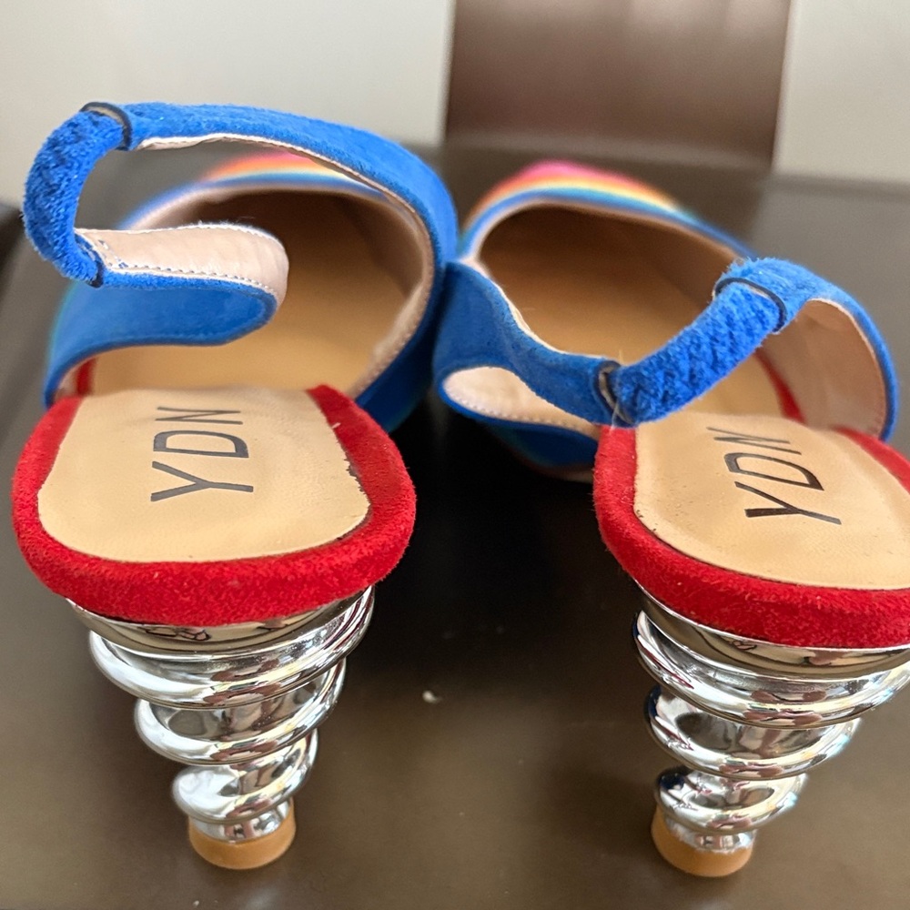 YDN Multicolor Suede Pointed Slingback Pumps - Blue, Pink, Green, Yellow - Picture 2 of 5